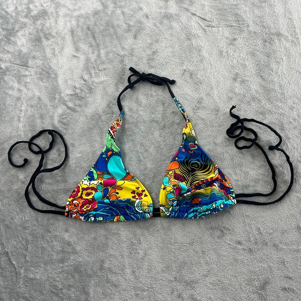 Xhilaration Y2K String Bikini Triangle Top Halter XL Heart Peacock Teal Yellow